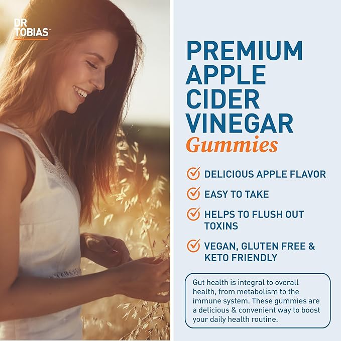 Dr. Tobias Apple Cider Vinegar Gummies, Includes 500 mg Apple Cider Vinegar with Mother, Folate, B12 & Iodine, Supports Gut Health, Cleanse & Detox, Vegan & Gluten-Free, 60 Gummies