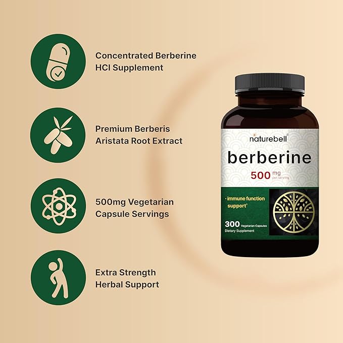 NatureBell Berberine Supplement 500mg | 300 Veggie Capsules, 97% Pure Berberine HCL – 5:1 Root Extract – Plant Based, Vegan, Non-GMO