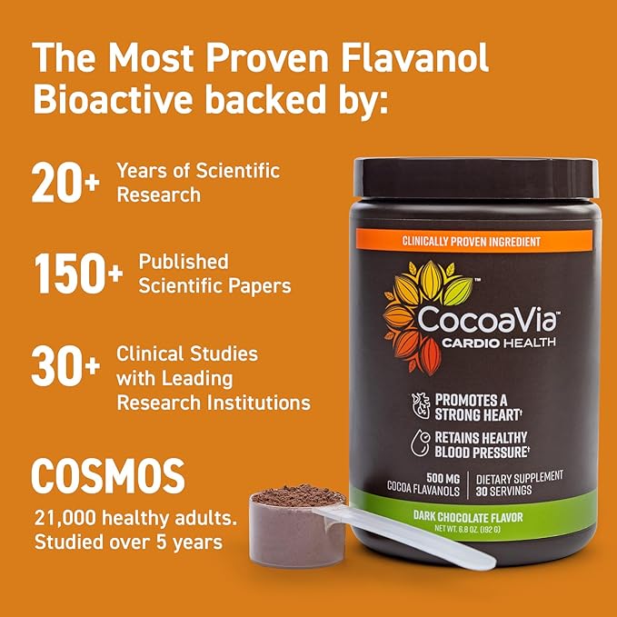 CocoaVia Cardio Health Cocoa Powder, 60 Servings, 500mg Cocoa Flavanols, Support Heart Health, Boost Nitric Oxide, Improve Circulation, Energy, Preworkout, Vegan, Dark Chocolate Cacao
