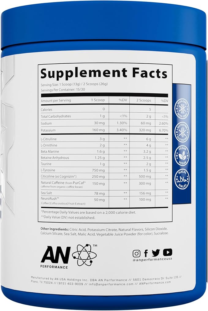 AN Performance Pre-Workout Powder Supplement for Men & Women | Energy Drink Mix with 300mg Caffeine + Beta Alanine + Citrulline | Third-Party Tested | Fruit Punch | 30 Servings