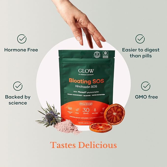 Glow Bloating SOS Powder, 4.23 Oz, Bloating Relief for Women with Morosil & Digestive Enzymes, for Water Retention, Metabolism, Gut Health & Immune Support, Hormone-Free, Citrus Orange