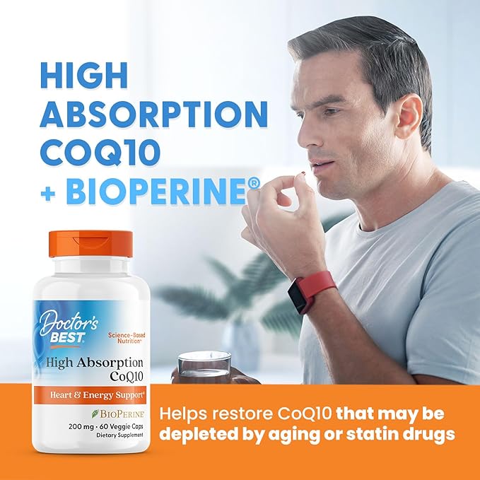 Doctor's Best High Absorption CoQ10 with BioPerine, Heart Health & Energy Production, Naturally Fermented, Gluten Free, Vegan, 200 mg 60 Veggie Caps