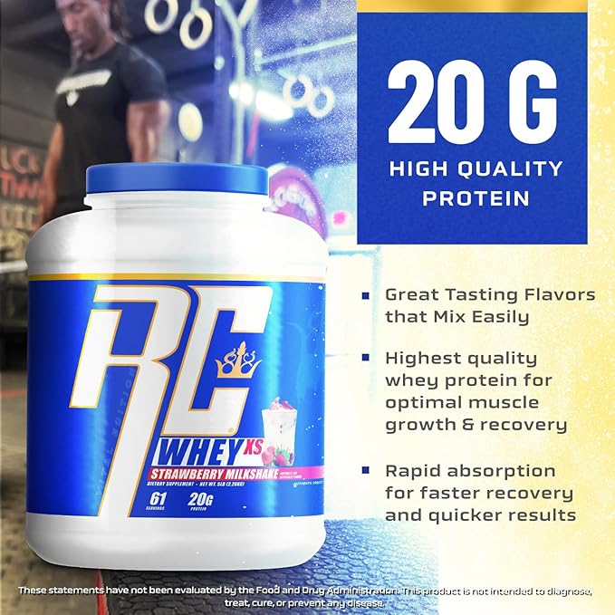 Ronnie Coleman Signature Series Whey XS Protein Powder, Pre Workout Shake Mix for Lean Muscle Support, Low Sugar Supplement for Women & Men, Strawberry Milkshake Flavor, 5 lb