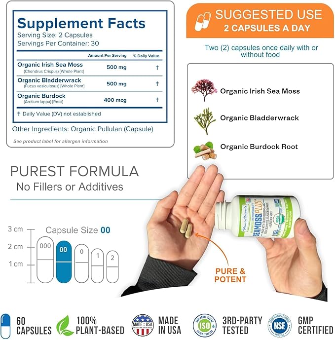 Power By Naturals Sea Moss Plus - USDA Organic Irish Sea Moss Capsules w/Wild Harvested Irish Seamoss, Bladderwrack & Burdock Root Immunity Supplement Sea Moss Pills for Adult 60Ct - 1 Pack