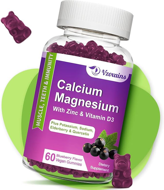 High Absorption Calcium Magnesium Zinc Gummies, Calcium Magnesium Supplement with Potassium Vitamin D3 for Bone & Teeth Strength, Muscle Function - Blueberry Flavor 60 Cts
