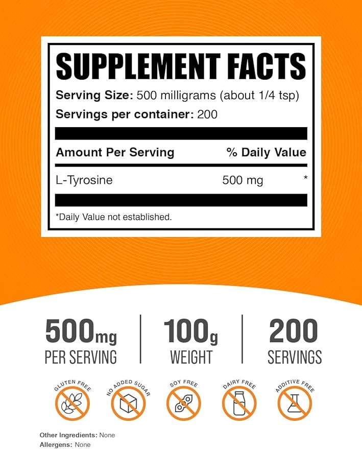 BulkSupplements.com L-Tyrosine Powder -Tyrosine Supplement, Tyrosine Powder, Tyrosine 500mg - Amino Acid Supplement, Unflavored & Gluten Free - 500mg per Serving, 100g (3.5 oz) (Pack of 1)