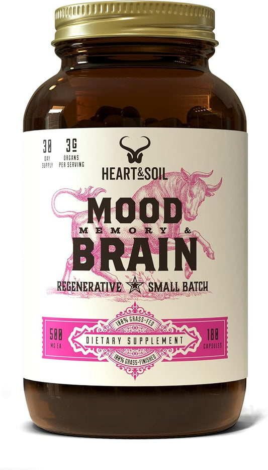 HEART & SOIL - Mood, Memory & Brain Supplement - Brain Support - Enriched with DHA/EPA, Choline, B12, Folate, Riboflavin, Selenium & Copper - Brain Supplements for Memory and Focus - 180 Capsules
