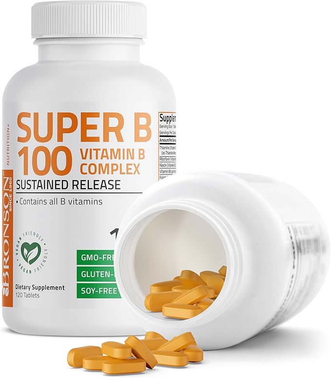 Bronson Vitamin B 100 Complex High Potency Sustained Release (Vitamin B1, B2, B3, B6, B9 - Folic Acid, B12), 120 Tablets