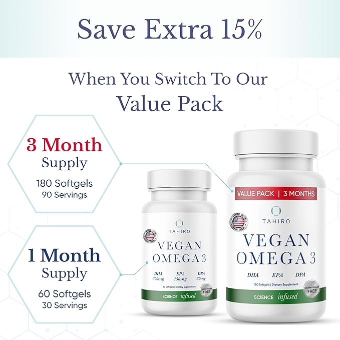 TAHIRO Vegan Omega-3 Softgels - Plant-Based Supplement with DPA, DHA & EPA - Nutrients for Men, Women and Pregnant Women - Supports Brain Health - Prenatal & Joint Supplements, 1000mg