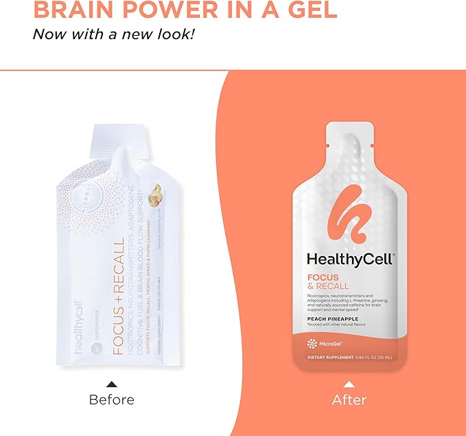 Healthycell Focus & Recall - Brain Supplement for Focus and Memory - Liquid Nootropics Supplement for Concentration & Alertness - L-theanine, Omega-3 - Maximum Absorption - 30 Gel Packs
