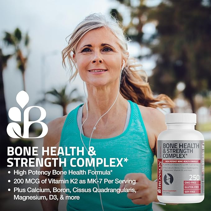 Bronson Bone Health & Strength Complex* High Potency Formula 200 MCG of Vitamin K2 as MK7, Plus Calcium, Boron, Cissus Quadrangularis, Magnesium, Vitamin D3, and More - Non-GMO, 250 Tablets