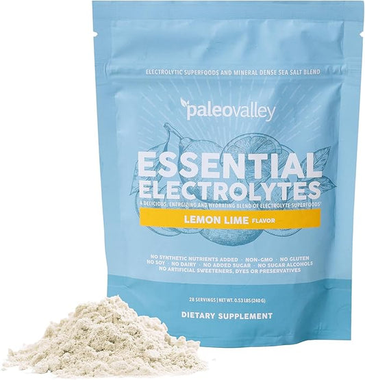 Paleovalley Essential Electrolytes Powder - Full Spectrum Lemon Lime Electrolyte Powder for Hydration, Energy and Muscle Recovery - No Sugar Added - 28 Servings