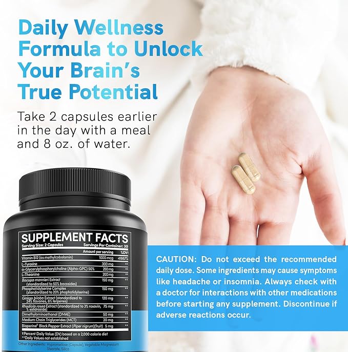 11-in-1 Nootropic Brain Supplements: Memory & Focus Supplement with Ginkgo Biloba, L Theanine, Bioperine, & Alpha GPC Choline - 1321mg, 60ct - Stimulant Free, Vegan - Focus Brain Support (3 pack)