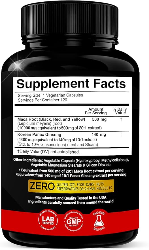 Maca Root Capsules 10,000mg + Korean Panax Ginseng 1,400mg - 20x Concentrated Extract Black + Red + Yellow Maca Root, 10x Concentrated Extract Panax Ginseng Capsules - Ultra Potent & Highly Purified