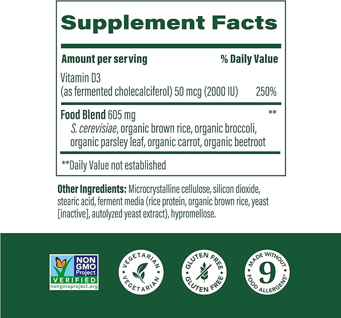 MegaFood Vitamin D3 2000 IU (50 mcg) - Vitamin D Supplements with Real Food, Immune Support, Supports Bones, Teeth & Muscles, Vegetarian, Certified Non-GMO, Kosher – 60 Tablets, 60 Servings
