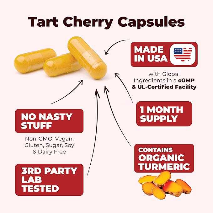Turmeric Curcumin & Tart Cherry Extract Capsules with Black Pepper & Organic Tumeric. Tart Cherry Capsules Aid Uric Acid Balance, Joint Health, Muscle Health & Sleep. 2 Pack