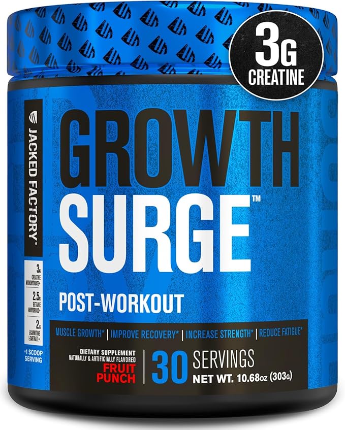 Jacked Factory Growth Surge Creatine Post Workout w/L-Carnitine - Daily Muscle Builder & Recovery Supplement with Creatine Monohydrate, Betaine, L-Carnitine L-Tartrate - 30 Servings, Fruit Punch