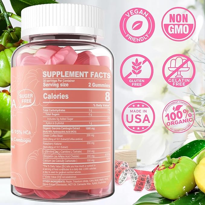Sugar Free Garcinia Cambogia Gummies 1000mg 95% HCA with L-Carnitine, Raspberry Ketone, Chromium, Green Coffee Bean for Metabolism, Energy Boost, 100% Organic Extract, Vegan, Strawberry Flavor 120 Cts