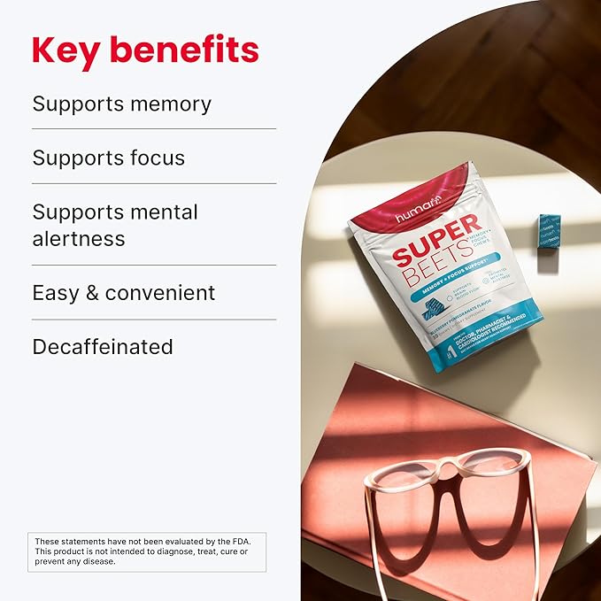 humanN SuperBeets Brain Supplements for Memory and Focus Chews, Mental Alertness, Clinically Studied Nootropics, Resveratrol Supplement Plus Beet Root Powder, Blueberry Pomegranate Flavor, 30 Count