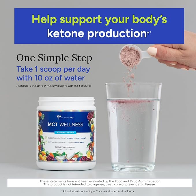Gundry MD MCT Wellness Powder to Support Energy, Ketone Production and Brain Health, Keto Friendly, Sugar Free (30 Servings) (Blueberry Lemonade)