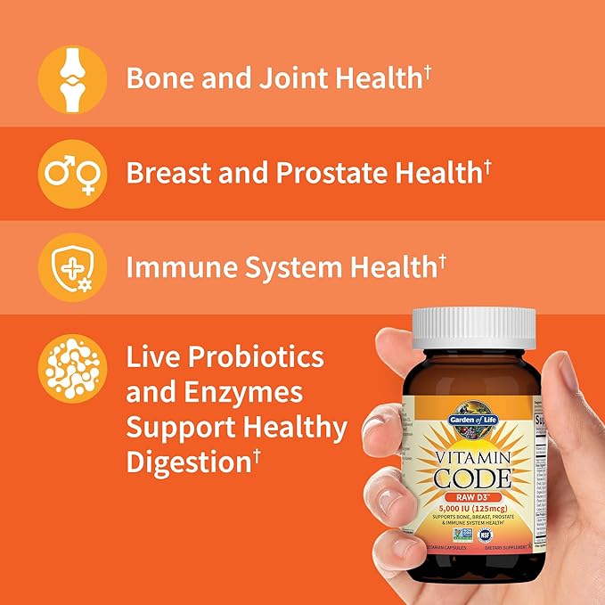 Garden of Life Vitamin D, Vitamin Code Raw D3, Vitamin D 5,000 IU, Raw Whole Food Vitamin D Supplements with Chlorella, Fruit, Veggies & Probiotics for Bone & Immune Health. 60 Vegetarian Capsules