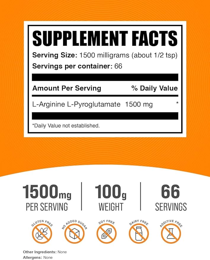 BulkSupplements.com L-Arginine L-Pyroglutamate Powder - Arginine Supplement, Nitric Oxide Supplement, Arginine Powder - Gluten Free, 1500mg per Serving, 100g (3.5 oz) (Pack of 1)