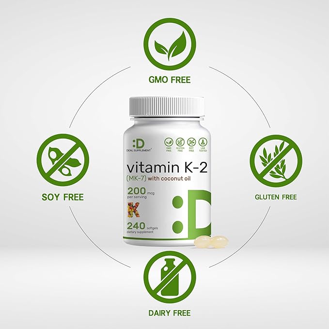 DEAL SUPPLEMENT Vitamin K2 (MK-7) 200mcg, 240 Virgin Coconut Oil Softgels | Premium Menaquinone-7 Form, Easily Absorbed Vitamin K Supplement – Bone, Joint, & Immune Support – Non-GMO