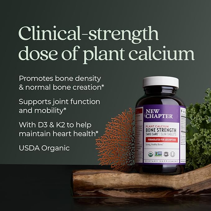 New Chapter Calcium Supplement - Bone Strength Organic Calcium with Magnesium, Vitamin D3+K2, 70+ Trace Minerals for Bone Health, Gluten Free, Easy to Swallow Slim Calcium Tablets - 180 Count