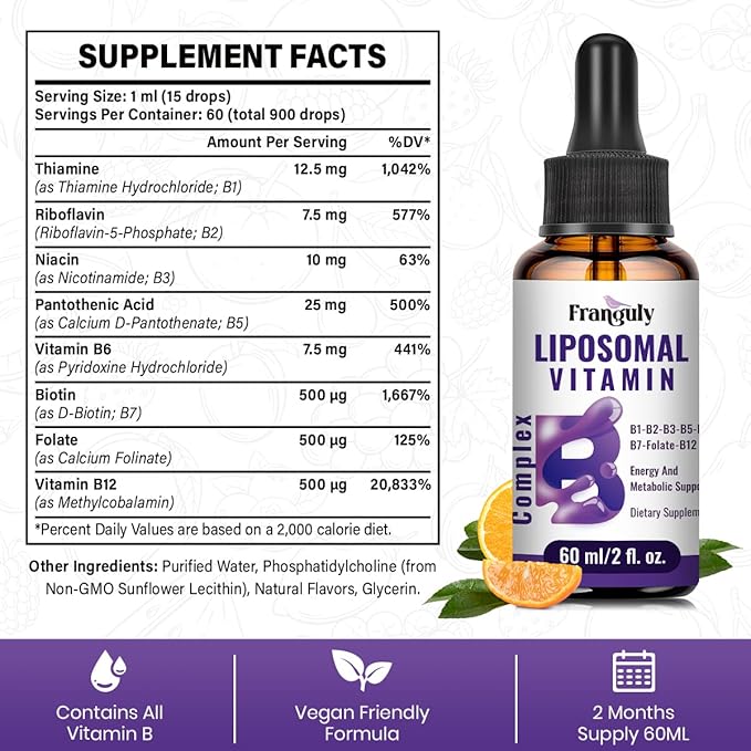 Liposomal Vitamin B Complex Liquid Sublingual B Complex Vitamins Supplement for Women Men Improved Absorption Methylated B12,B1, B2, B3, B5, B6,Folate,Biotin for Energy And Immune Support-8.0 oz