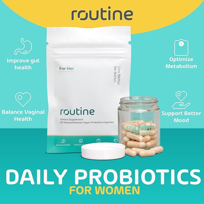 Routine Women's Daily Probiotics for Digestive and Feminine Health - 24 Billion CFU 30 Capsules - Dairy Free Organic Probiotics for Women - Free Glass Jar