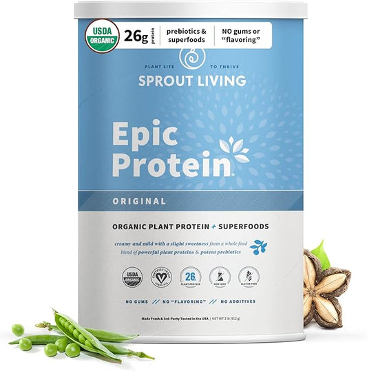 Sprout Living Plant Based Protein & Superfoods Powder, Original, Unflavored | Organic Protein Powder, Vegan, Non Dairy, Non-GMO, Gluten Free, Sugar Free, Perfect Keto Drink Mix (2 lb)