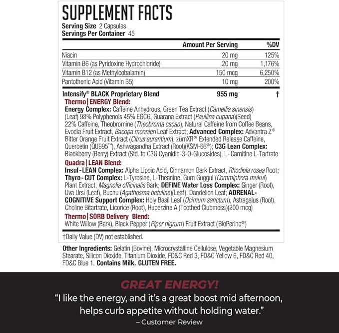 Intensify NDS Nutrition Black - Thermogenic Blend with Advantra Z for Fat and Water Loss - Boost Metabolism, Burn Calories, Help Suppress Appetite - Improve Body Tone, Muscle Definition - 90 Capsules