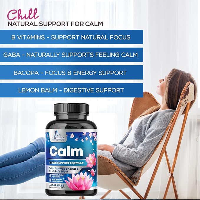 Natural Unwind, Calm, & Relax Support with Ashwagandha, GABA, Magnesium, 5-HTP, L-Theanine & B Vitamins, Natural Focus, Energy & Immune Support - Nature's Non-GMO, Vegan, Gluten Free - 60 Capsules