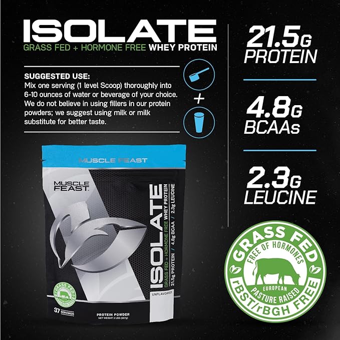 Muscle Feast Grass-Fed Whey Protein Isolate, All Natural Hormone Free Pasture Raised, Unflavored, 2lb