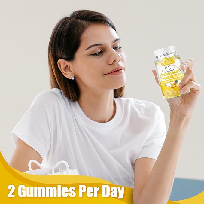 softbear Potassium Gummies for Adults, Sugar-Free Potassium Magnesium Supplement with Vitamin B6 CoQ10 for Leg Cramps Muscle Health Vegan Pineapple Flavor 60 Gummies