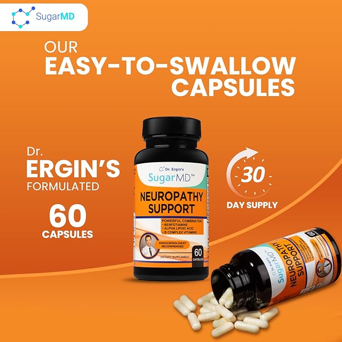 SugarMD Neuropathy Support Supplement – 60 Nerve Supplement Capsules with Alpha Lipoic Acid, Benfotiamine & Vitamin D3 B6 B12 - Nerve Support Supplement for Feet, Hands, Fingers & Legs - 30 Day Supply