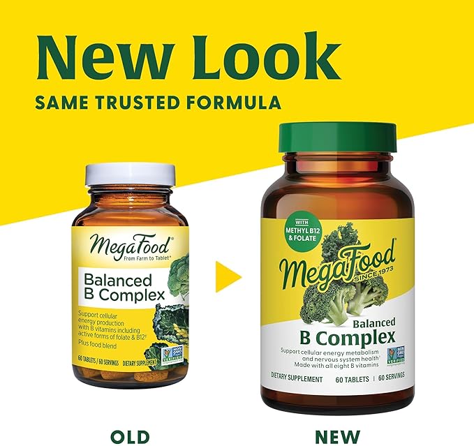 MegaFood Balanced B Complex - B Complex Vitamin Supplement - 8 B Vitamins Including Vitamin B6, Vitamin B12, Folate, Biotin & More - Supports Cellular Energy Production - Vegan, Gluten Free - 60 Tabs