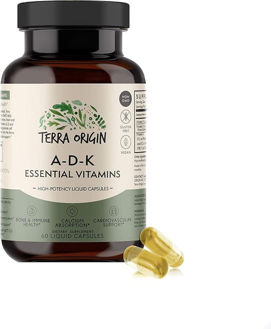 TERRA ORIGIN ADK Essential Vitamins - 60 High Potency Liquid Capsules, Vegan, Non-GMO, Gluten Free, Made in The USA.