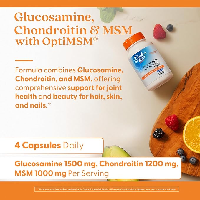 Doctor's Best Glucosamine Chondroitin Msm with OptiMSM Capsules, Joint Support Supplement Supports Healthy Joint Structure, Function & Comfort, Non-GMO, Gluten Free, Soy Free, 360 Count