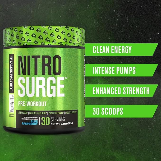Jacked Factory NITROSURGE Pre Workout Supplement - Energy Booster, Instant Strength Gains, Clear Focus & Intense Pumps - NO Booster & Powerful Preworkout Energy Powder - 30 Servings, Blue Raspberry