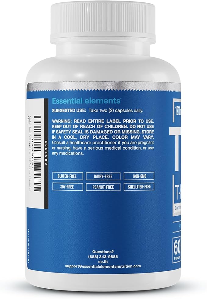 Essential Elements Male Health Supplement - Muscle Support & T-Health with DIM, Ashwagandha, Shilajit, More | T-Hero 60 Vegan Capsules (3-Pack)
