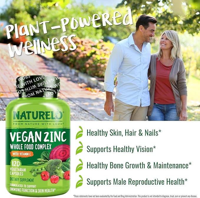 NATURELO Vegan Zinc Whole Food Complex Supplement with Vitamin C for Immune Support and Healthy Skin, Hair, and Nails - 120 Capsules