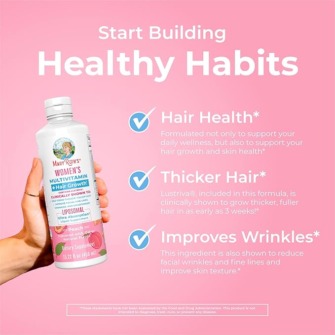 MaryRuth Organics Women's Multivitamin Lustriva Hair Growth Liposomal | Biotin | Vitamin D, B | Clinically Tested for Thicker Hair, Fine Lines, Skin Care | Ages 18 | Hair Vitamins | 15 Fl Oz