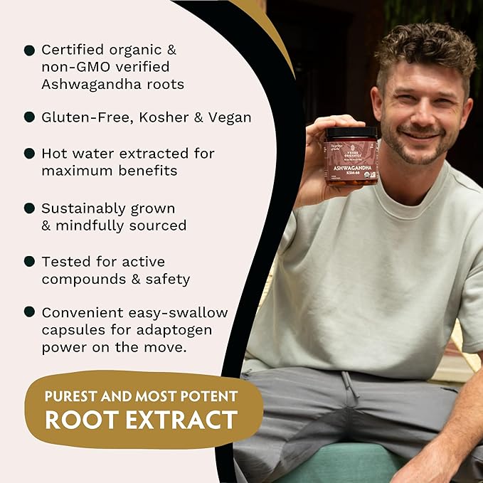 TRIBE ORGANICS Vegan Ashwagandha KSM 66 Pure Organic Root Powder Extract Ayurvedic Supplement - Focus Mood Support Increase Energy Strength 600mg of Natural KSM66 for Superior Absorption - 90 Capsules
