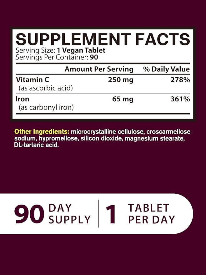 Iron Supplement for Women Men | High Potency Iron 65mg with Vitamin C 250mg | Stomach Friendly Iron Pills for Red Blood Cell & Immune Support | Vegan, Non-GMO & Gluten Free | 90 Tablets