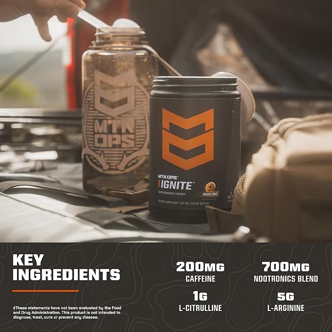 MTN OPS Ignite Energy Drink Powder, Gluten Free Nitric Oxide Supplement Drink Mix, L Arginine, L Citrulline, Caffeine & Nootropic Sugar Free Drink Mix, 45 Servings, Bull Rush