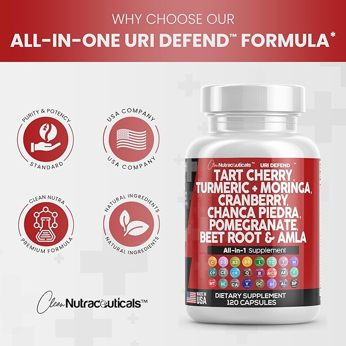 Clean Nutraceuticals Tart Cherry Extract Capsules with Turmeric Moringa Cranberry Chanca Piedra Celery Quercetin ACV Pomegranate L Selenomethionine - Uric Levels - 120 Ct