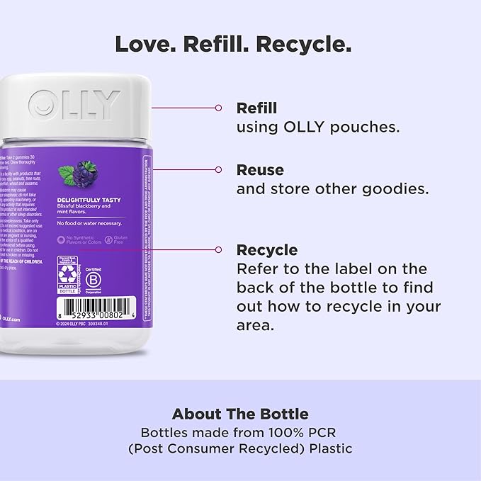 OLLY Sleep Gummy, 3mg Melatonin, L-Theanine, Chamomile, Lemon Balm, Sleep Aid, Occasional Sleep Support, BlackBerry, 90 Count