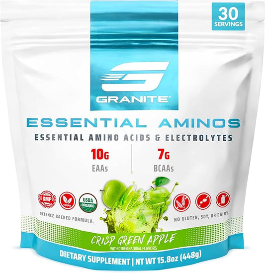 Granite 10g Essential Amino Acids Powder | Muscle Recovery Supplement for Muscle Growth | 7g BCAA Powder with Electrolytes | 30 Servings | Green Apple Flavor | Soy & Gluten Free | Made in USA