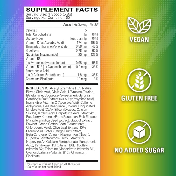 EHP Labs OxyShred Pre Workout Powder - Preworkout Powder with L Glutamine & Acetyl L Carnitine, Energy Boost Drink - Rainbow Candy, 60 Servings